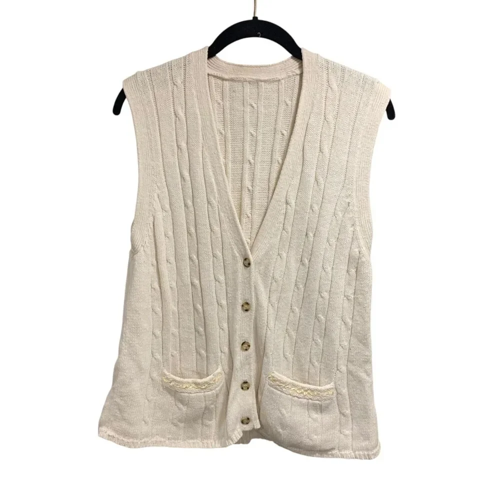 Vintage Womens Cream Cable Knit Sweater Vest L Button Front Pockets Sleeveless